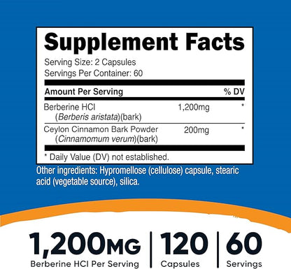 Nutricost Berberine HCl with Ceylon Cinnamon Capsules (120 Capsules, 60 Servings) - Non-GMO, Animal-Free Product
