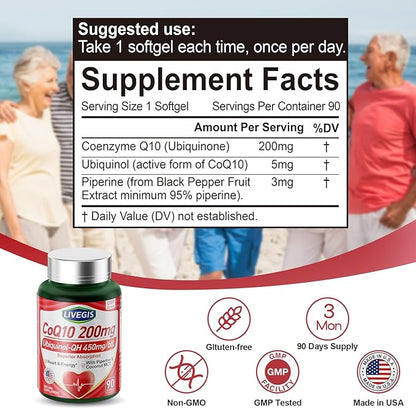 CoQ10 200mg Softgels, Ultra CoQ10 Ubiquinone 200mg with Coconut MCT Oil, 5X Superior Absorption, Coenzyme Q10 Ubiquinol and Supplements - 90 Counts * 2 Packs