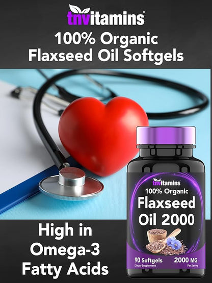 Organic Flaxseed Oil Softgels: 2000 mg - 90 Softgels | High in Omega-3 Fatty Acids | Flaxseed Oil Supplement for Women & Men | Non-GMO
