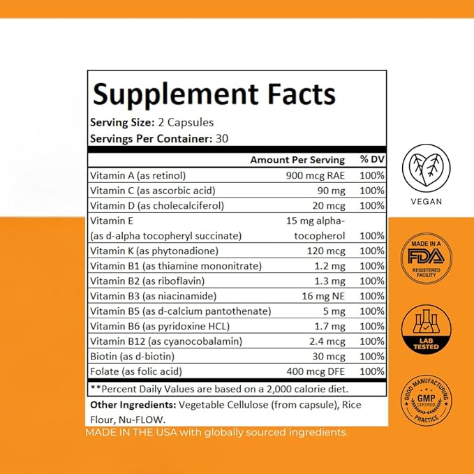 PurePath Non-Toxic Adult Multivitamin - 13 Vitamins - 100% RDA - No Harmful Megadoses - with B6 & B12 - Supplement for Optimal Energy, Focus, and Longevity - 60 Capsules - 30 Day Supply