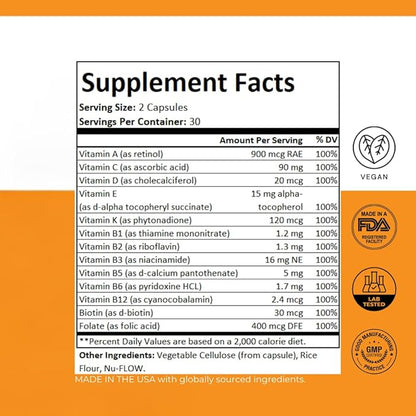 PurePath Non-Toxic Adult Multivitamin - 13 Vitamins - 100% RDA - No Harmful Megadoses - with B6 & B12 - Supplement for Optimal Energy, Focus, and Longevity - 60 Capsules - 30 Day Supply