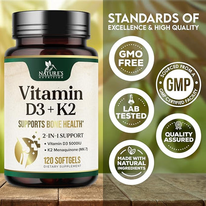 Vitamin D3 K2, 5000 IU Vitamin D3 & 100 mcg Vitamin K2 MK-7 Supplement Supports Immune Health, Bone, Heart & Calcium Absorption - Extra Virgin Olive Oil Softgel, Vitamins D & K Complex - 120 Softgels