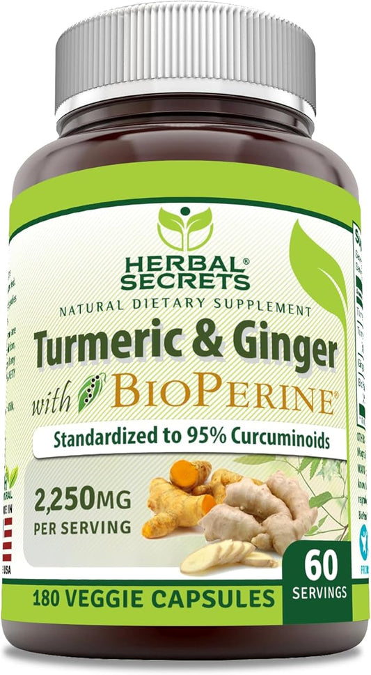 Herbal Secrets Turmeric Curcumin & Ginger with BioPerine Supplement | 2,250 Mg Per Serving | 180 Capsules | Non-GMO | Gluten Free | Made in USA