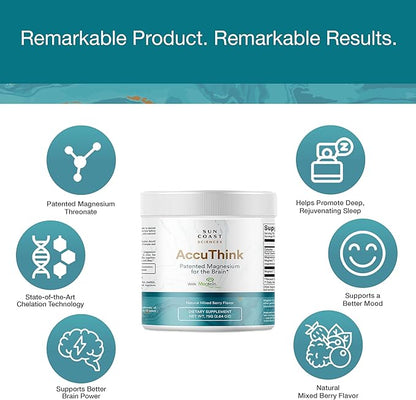 Sun Coast Science Sun Coast Sciences AccuThink - Patented Magnesium Brain - 2.64oz Memory Supplement Brain Health, Sleep, Mood Boost - Cognitive Support Supplement Magnesium Threonate Vitamin C