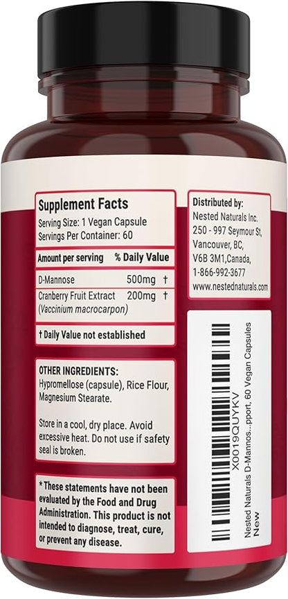 Nested Naturals D-Mannose 500mg Caspules with Cranberry Extract, D Mannose Cranberry Pills, Urinary & Bladder Support, 60 Vegan Capsules