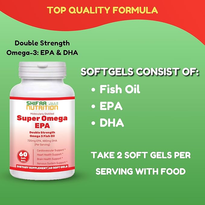 Halal Fish Oil Softgels 60 Ct, Double Strength - Halal Omega 3 Fish Oil Supplements. Wild Caught, Non-GMO & Purified