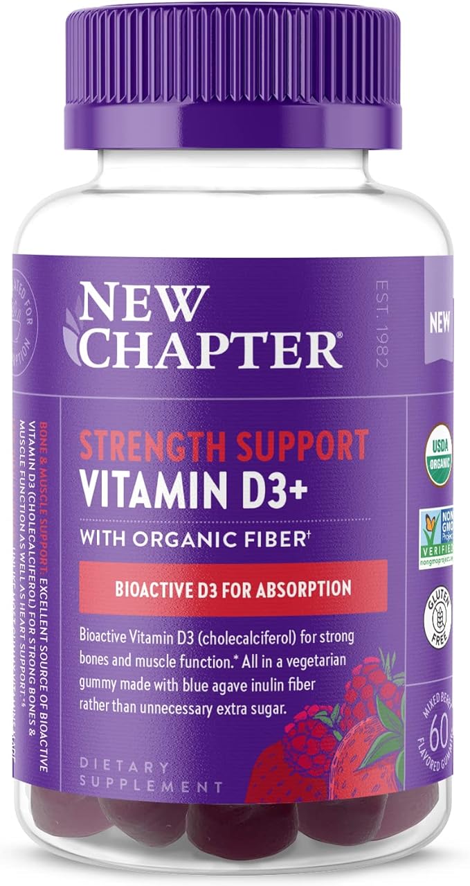 New Chapter Organic Vitamin D3+ Gummies – 72% Less Sugar§, 1,000 IU USDA Organic Vitamin D, ONE Daily Gummy for Strong Bones & Muscle Function, Non-GMO, Gluten Free, Mixed Berry Flavored, 60ct