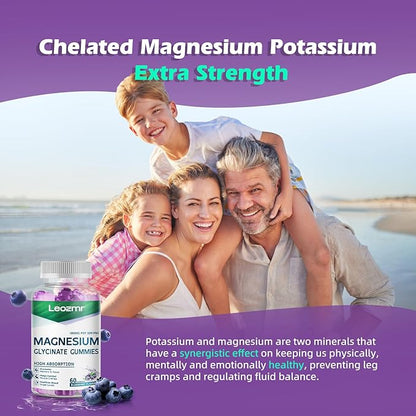 Magnesium Glycinate Gummies 1000mg - Sugar Free Magnesium Potassium Supplement with Vitamin D, B6, CoQ10 for Calm Mood & Sleep Support - 120 Blueberry Gummies
