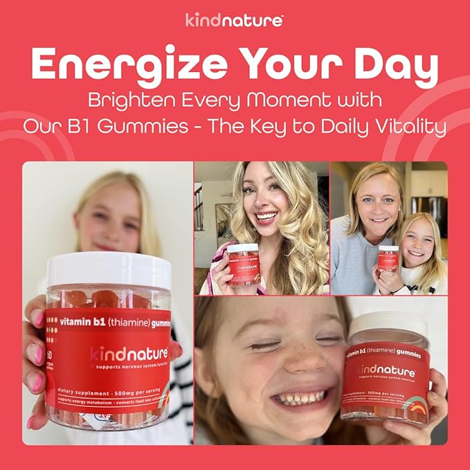 Kind Nature Vitamin B1 Gummies 500mg – High Potency Thiamine Supplement for Energy, Focus & Nervous System – Vegan, Non-GMO Chewable B1 Vitamins for Adults & Kids – Natural Strawberry Flavor – 60 Ct