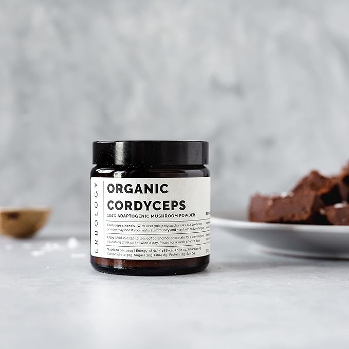 Erbology Organic Cordyceps Mushroom Powder 50 Servings - 48% Beta-glucans - Energy and Performance - Cordyceps Sinensis - Small Batch - Sustainably Grown in Europe - Vegan - Non-GMO - No Added Fillers