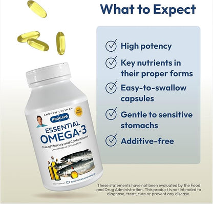 ANDREW LESSMAN Essential Omega-3 Unflavored - 30 Softgels - Ultra-Pure, High Potency Omega-3 Oils. High DHA, No Stomach Upset, No Contaminants, No Mercury. Small Easy to Swallow Softgels