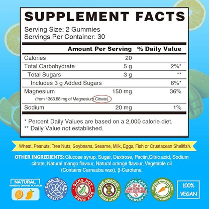 Vegan Magnesium Gummies Supplements - 1363.68 mg Calm Magnesium Citrate Gummies Chews for Adults and Kids, Supports Better Sleep, Relaxation, High Absorption Mg (Mango, 60 Count (Pack of 2))