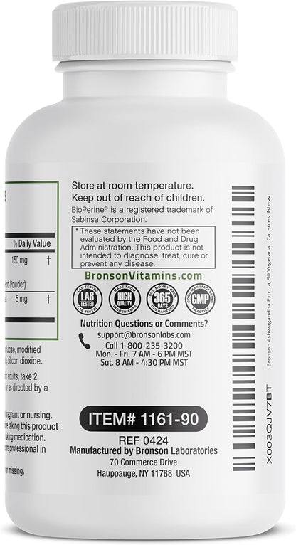 Bronson Ashwagandha Extra Strength Stress & Mood Support with BioPerine - Non GMO Formula, 90 Vegetarian Capsules