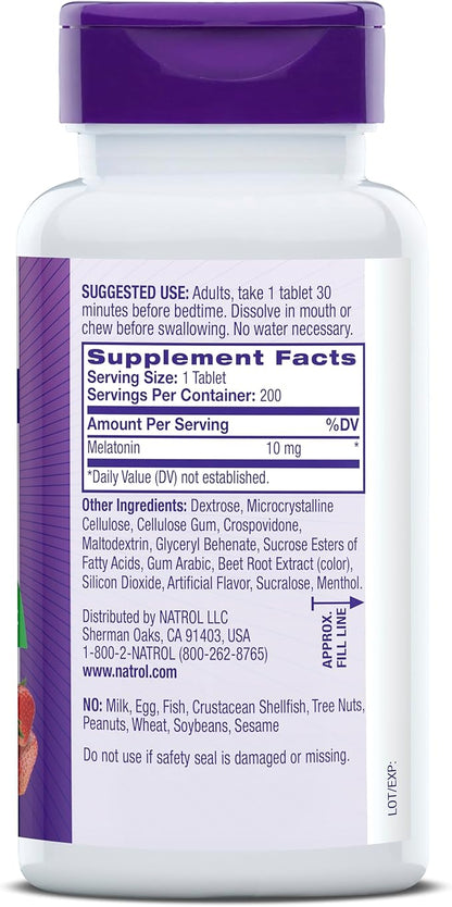Natrol Fast Dissolve Melatonin 10 mg, Melatonin Supplements for Restful Sleep, Sleep Support for Adults, 200 Strawberry-Flavored Tablets, Up to a 200 Day Supply