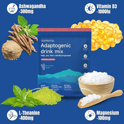 Powdered Drink Mix Calm, Adaptogenic Drink Mix Calm, Raspberry Lemonade, L Theanine,Ksm-66 Ashwagandha, Magnesium Glycinate, Vitamin D3, Relaxation & Focus, No Sugar, Non GMO
