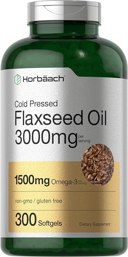 Horbäach Flax Seed Oil Softgels 3000mg | 300 Capsules | Cold Pressed | with Omega 3 6 9 | Alpha-Linolenic, Linoleic, and Oleic Acid | High Potency | Non-GMO & Gluten Free Supplement