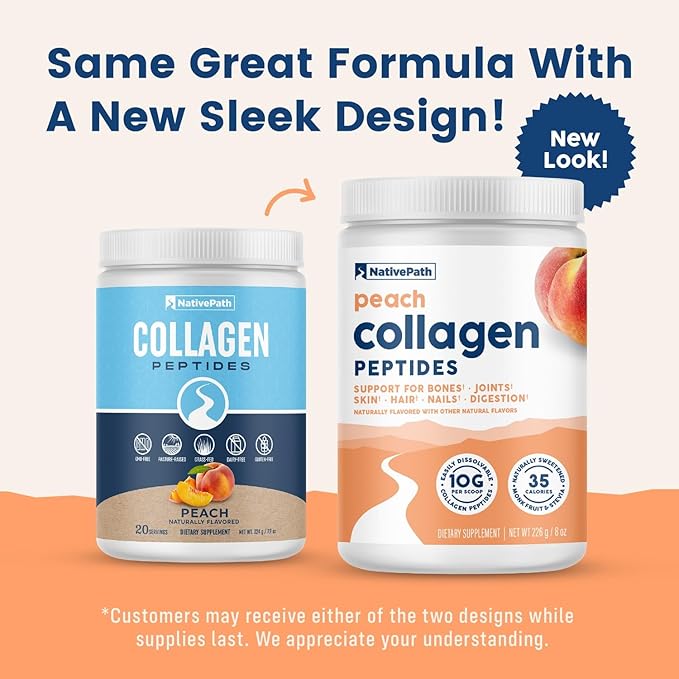 NativePath Collagen Peptides - Hydrolyzed Type 1 & 3 Collagen. Keto & Paleo Grass-Fed Protein Powder for Hair, Skin, Nails, Bones, Joints, Digestion and More - No Gluten or Dairy (Peach, 226g)