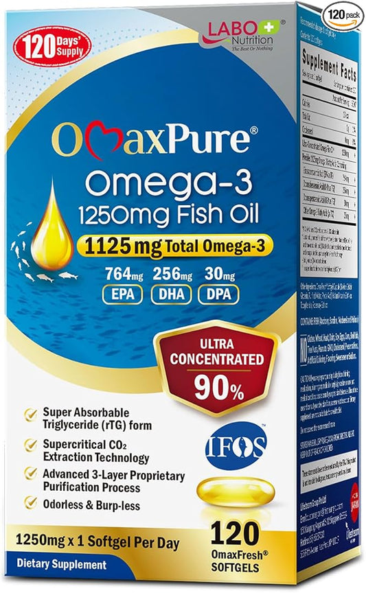 LABO Nutrition OmaxPure Omega3 Fish Oil - 1125mg Omega 3 IFOS Certified - High Potency rTG Omega Fish Oil Supplement with DHA & EPA - for Heart, Brain, Joint & Immune Support - 120 Softgels