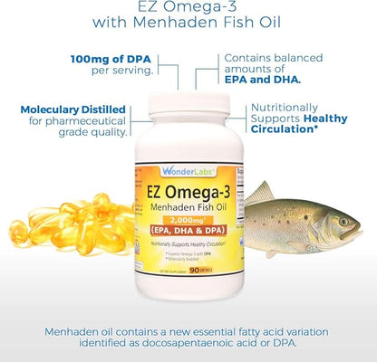 EZ Omega-3 Atlantic Menhaden Fish Oil Supplement 2000 mg, Burpless, Made in The USA, Perfect Balance of EPA+ DHA + DPA 180 Softgels
