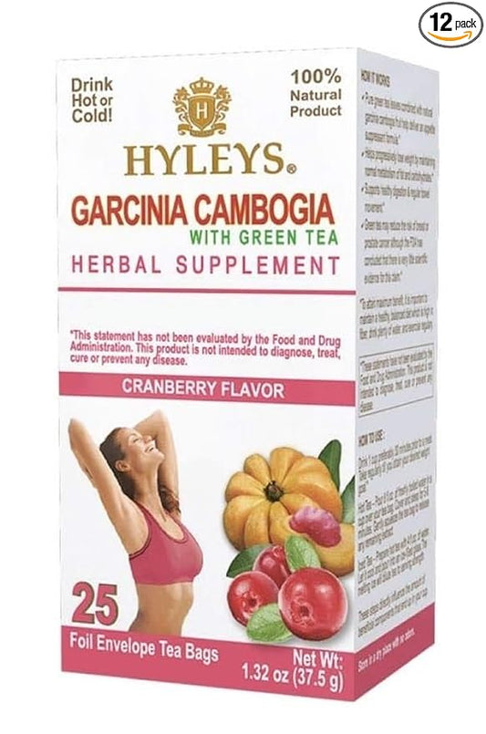 HYLEYS Tea Garcinia Cambogia Green Tea with Cranberry Flavor - 25 Tea Bags (12 Pack - 300 Tea Bags Total)