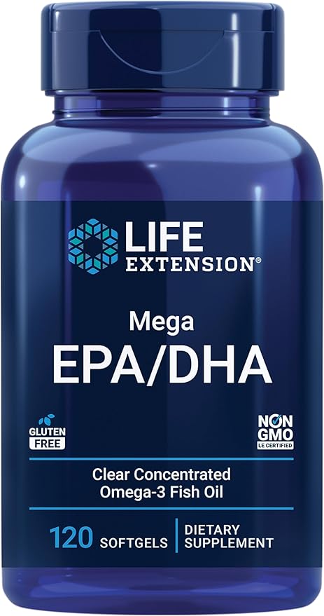 Life Extension Mega EPA/DHA, Omega-3 Fatty acids, Heart & Brain Health, Non-GMO, Gluten-Free, 120 softgels