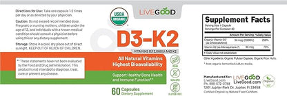LIVEGOOD™ Vitamin D3 + K2 All Natural Bone, Muscle & Immune System Support, Vegan & Non-GMO, 60 Capsules