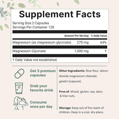 Triple Strength Magnesium Glycinate 1,500mg Per Serving, 240 Capsules | Easily Absorbed Chelated Magnesium + Elemental Form | Healthy Muscle, Bones, & Mood Support Supplement | Non-GMO