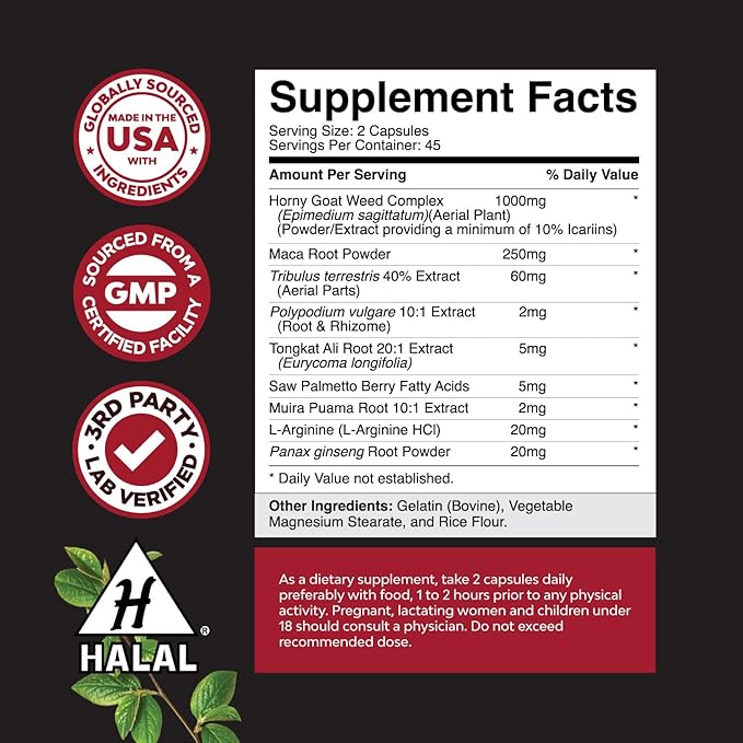 Natures Craft Horny Goat Weed for Men Enhancement - Extra Strength Male Enhancing Supplement with Black Maca Root, Tongkat Ali, Saw Palmetto & Panax Ginseng Extract for Stamina & Energy - 90 Capsules