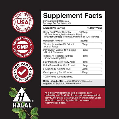 Natures Craft Horny Goat Weed for Men Enhancement - Extra Strength Male Enhancing Supplement with Black Maca Root, Tongkat Ali, Saw Palmetto & Panax Ginseng Extract for Stamina & Energy - 90 Capsules