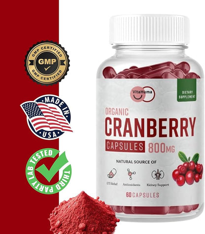 Organic Cranberry Extract Capsules, 800 MG Per Serving, Whole Fruit Cranberry & Cran-Max, Natural Source of Proanthocyanidins (PACs), Antioxidants & Nutrients, Vegan, Non GMO, 60 Capsules
