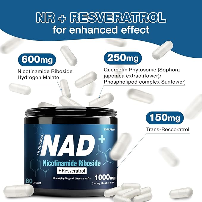 NAD+ Supplement 1000mg - Nicotinamide Riboside (NR) and Resveratrol, Liposomal NAD of Pure Organic Ingredients for Women & Men Healthy Aging, Brain and Cellular Energy, 80 Capsules