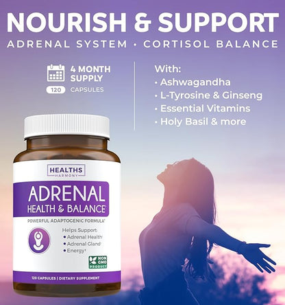 Adrenal & Ashwagandha (1-Month Supply) Calm & Energize Bundle - Adrenal Support with L-Tyrosine (120 Capsules) & USDA Organic Ashwagandha 1350mg Ashwagandha Root Powder per Serve (60 Capsules)