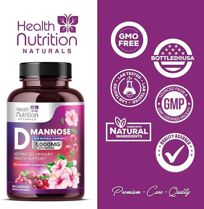 D-Mannose with Cranberry, Hibiscus & Dandelion 1350mg Advanced Formula – Urinary Tract Support Supplement for Women & Men – Flush & Cleanse Impurities – Non-GMO, Vegan for Women & Men – 120 Capsules