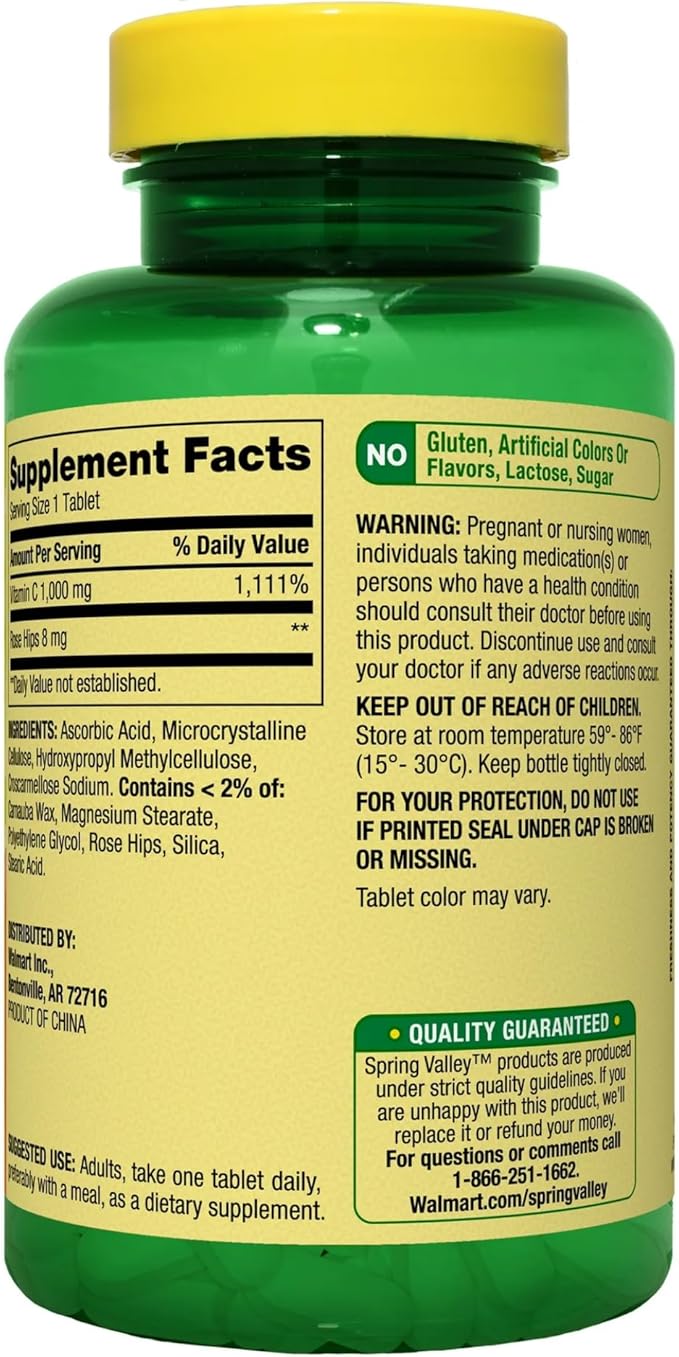 Spring Valley Vitamin C 1000mg with Rose HIPS Tablets Dietary Supplement, Antioxidant Protection, 100 Count (Pack of 1)