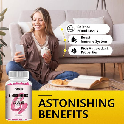 1 Pack 2000mg Ginkgo Biloba Gummies - Ginkgo Biloba Supplements for Brain Health Support, Improve Mood and Focus, Energy, Adult, Vegen, Non-GMO, Strawberry Flavor, 60 Count