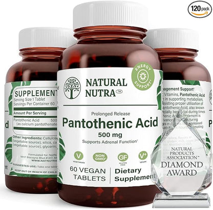 Natural Nutra Time Release Pantothenic Acid 500 mg, Vitamin B5 Supplement Helps Break Down Fat and Carbohydrates, Metabolism and Energy, Improve Muscle Health, 60 Vegetarian Tablets (2 Pack)