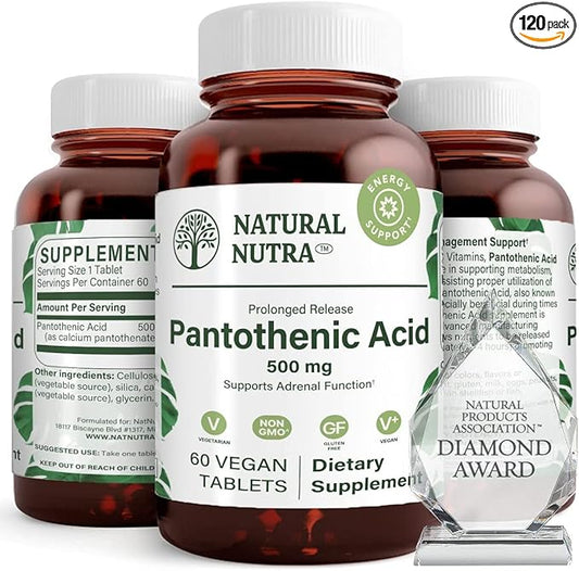 Natural Nutra Time Release Pantothenic Acid 500 mg, Vitamin B5 Supplement Helps Break Down Fat and Carbohydrates, Metabolism and Energy, Improve Muscle Health, 60 Vegetarian Tablets (2 Pack)