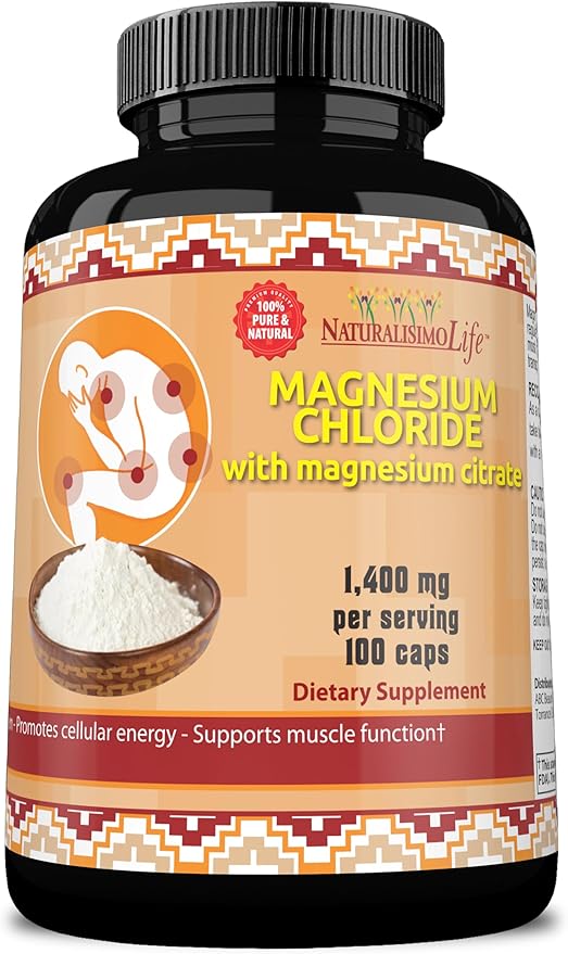 Magnesium Chloride (Cloruro de Magnesio) 1,400 per Serving 100 Capsules high Absorption with Magnesium Citrate
