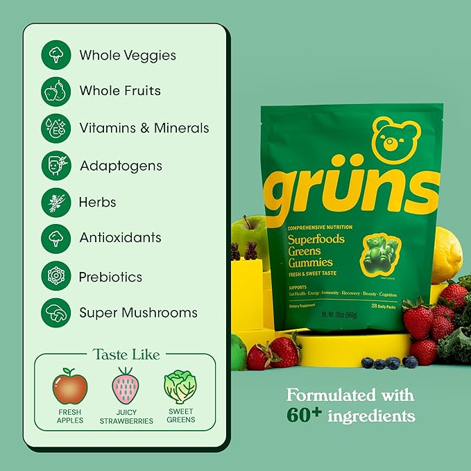 Gruns Adult Super Greens Gummies - Superfood Gummy Bears with Spirulina, Chlorella & Prebiotics for Digestive Health - Adaptogens Supplement with 20 Vitamins & Minerals, Low Sugar- 2-Week Supply
