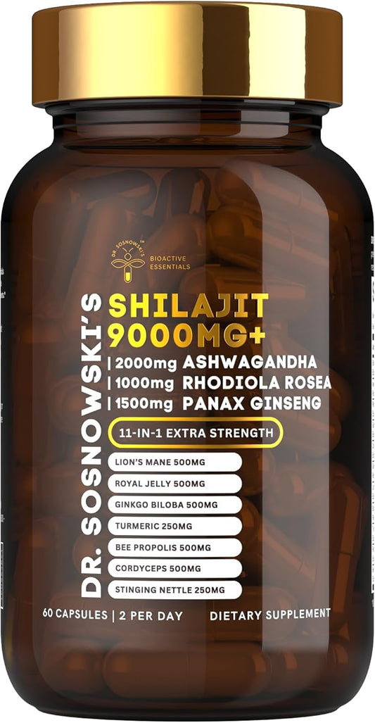 Dr Sosnowski's BioActive Shilajit Blend with Ashwagandha, Rhodiola Rosea, Lions Mane, Panax Ginseng, Royal Jelly, Ginkgo Biloba, Turmeric, Bee Propolis, Cordyceps & Stinging Nettle | 60 Capsules