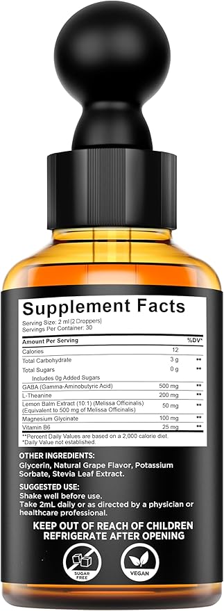 KEY ELEMENTS Liquid GABA with L Theanine Supplement | GABA 500mg and L Theanine 200mg | L-Theanine and GABA Supplements with Lemon Balm Extract, L-Theanine and Magnesium with Vitamin B6 | GABA Drops