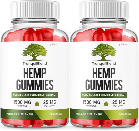 (2 Pack) Tranquil Blend Gummies with Hemp, Tranquil Blend Hemp Gummies Extra Strength Formula Maximum Performance Blend Tranquil Blend Gummy Great Taste 1500mg Bottle, 25mg Per Gummy (120 Gummies)