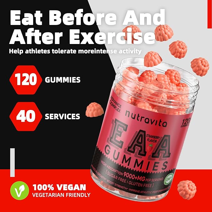 EAA Gummies 120 Gummies (Strawberry), 9000 mg Essential Amino Acids - All 9 Essential Aminos (EAA) and All Branched-Chain Aminos (BCAAs), Non-GMO, Gluten Free, Vegetarian Friendly