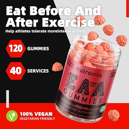 EAA Gummies 120 Gummies (Strawberry), 9000 mg Essential Amino Acids - All 9 Essential Aminos (EAA) and All Branched-Chain Aminos (BCAAs), Non-GMO, Gluten Free, Vegetarian Friendly