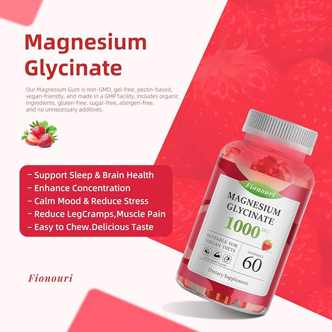 Magnesium Glycinate Gummies 1000mg - for Adults Magnesium Potassium Supplement with Vitamin D, B6, CoQ10 for Calm Mood & Sleep Support - 120 Strawberry Flavor-2 Pack