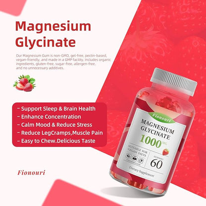 Magnesium Glycinate Gummies 1000mg - for Adults Magnesium Potassium Supplement with Vitamin D, B6, CoQ10 for Calm Mood & Sleep Support - 120 Strawberry Flavor-2 Pack