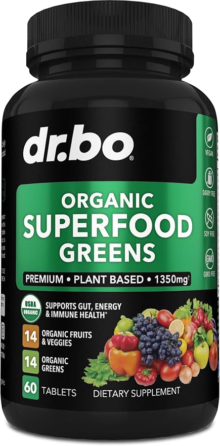 Organic Superfood Greens & Fruit Supplements - Energy Super Food Fruits and Veggies Supplement Tablets - Daily Green Veggie Powder Blend Plus Vegetable Foods Alfalfa, Spinach, Cabbage & Spirulina Tabs