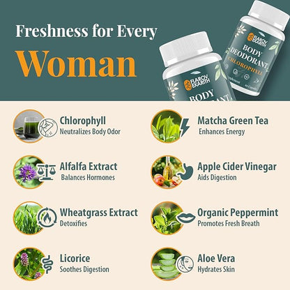 Women's Body Deodorizing Supplement – Chlorophyll Capsules for Body Odor, Fresh Breath & Gut Detox, For Workouts & Social Confidence – Vegan with Matcha Green Tea, Apple Cider Vinegar (60 Caps)