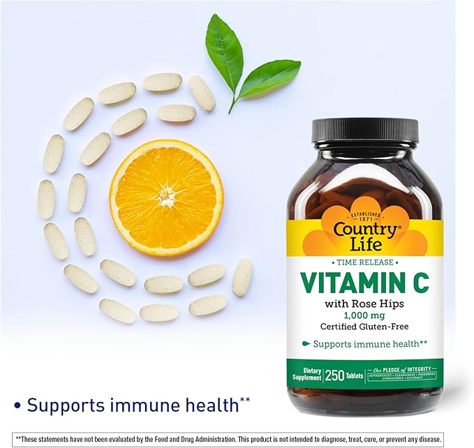 Country Life Time Release Vitamin C with Rose Hips, Supports Immune Health, 1,000mg, 250 Tablets, Certified Gluten Free, Certified Vegan