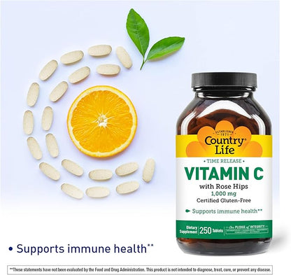 Country Life Time Release Vitamin C with Rose Hips, Supports Immune Health, 1,000mg, 250 Tablets, Certified Gluten Free, Certified Vegan